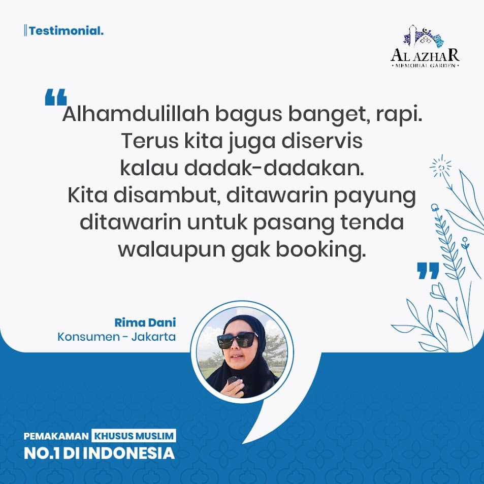Testimoni Rima Dani dari Jakarta: "Alhamdulillah bagus banget, rapi. Terus kita juga diservis kalau dadak-dadakan. Kita disambut, ditawarin payung, ditawarin untuk pasang tenda walaupun gak booking."